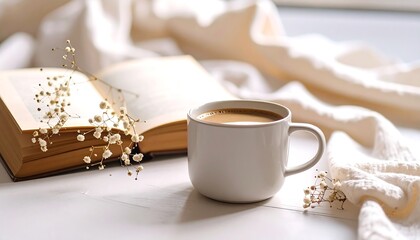 Cozy Morning: Coffee, Book, and Dried Flowers on White Table