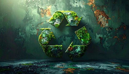 Mossy recycle symbol stands against textured green wall, representing eco-friendliness