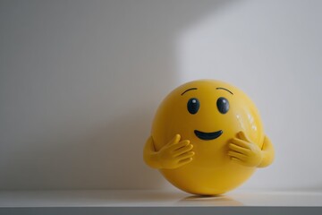 Cheerful yellow smiley face figurine with arms, placed on a shelf against a soft gray background