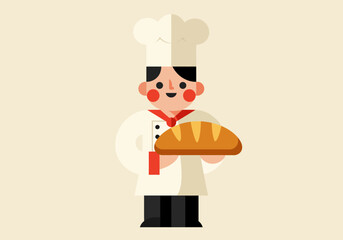 A cartoon baker in uniform holds a loaf of bread against a beige background