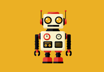 A cartoon robot with a square head round eyes red accents and various mechanical details set against a solid yellow background