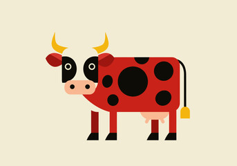A red cow with black spots a black and white head and yellow horns isolated on a beige background