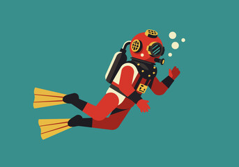 A retro cartoon diver in red suit  helmet floats in tealblue water exhaling bubbles near the top right