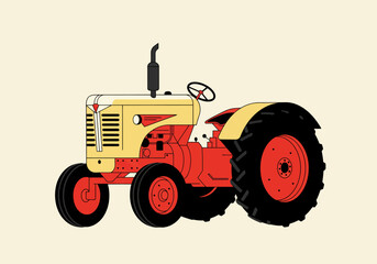 A stylized vintage tractor in red yellow and black against a cream background