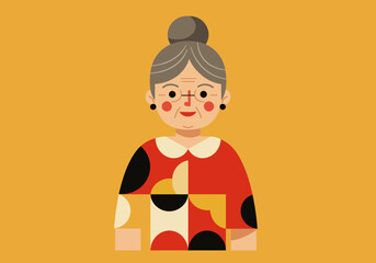 A vector illustration of an elderly woman with grey hair glasses red cheeks and a geometrically patterned red dress