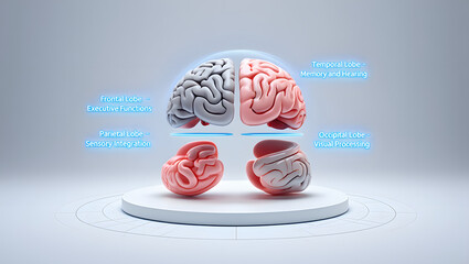 Conceptual Brain Illustration: A stylized representation of the human brain, highlighting various functions and areas, rendered in a modern and clean style to emphasize the complexity of thought.