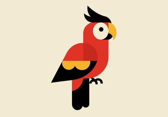 A vibrant stylized parrot is depicted with geometric shapes in red black and yellow against a beige background