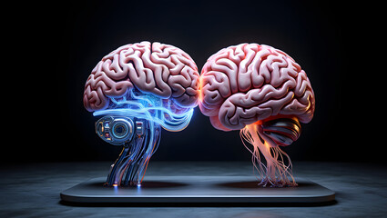 Brain Connection: This conceptual artwork shows the link of two brains in the form of a conceptual artwork showcasing the human brain, connected by neural pathways, symbolizing thought processes.