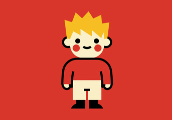Cartoon boy with yellow hair red cheeks and a red shirt stands against a red background