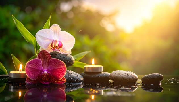 Serene spa scene with orchids and candles