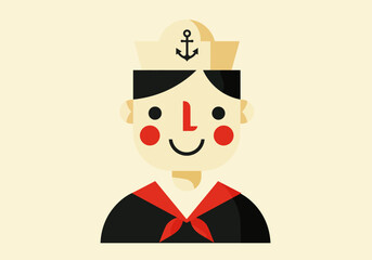 Cartoon sailor with stylized face anchor on hat red cheeks and black uniform with red scarf