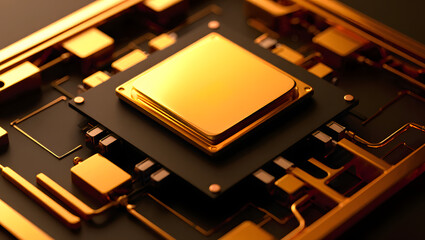 Golden Core: A detailed view of a central processing unit (CPU) on a motherboard, showcasing intricate technology and golden accents, representing the heart of modern computation.