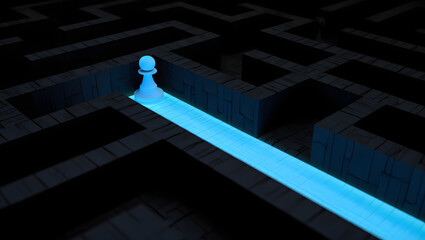 Maze navigation: Illuminated path leads a single pawn through an intricate maze, symbolizing problem-solving and strategic planning.