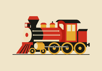 Cartoon train featuring bold geometric shapes contrasting colors and a vintage aesthetic