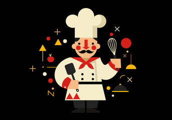Chef cartoon hat mustache red scarf spatula whisk food design against black background