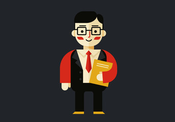 Flat vector illustration of a man with glasses suit tie holding file against a dark background