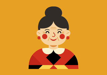 Elderly woman with bun smiling wearing a patterned red dress on an orange background