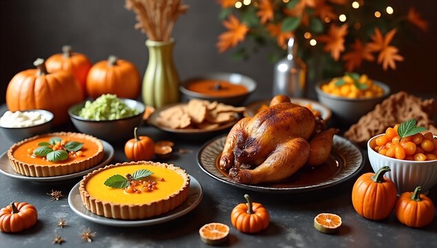 Mesa festiva con pavo asado, tartas de calabaza y decoraci&oacute;n oto&ntilde;al, ideal para una cena de Halloween o Acci&oacute;n de Gracias.
