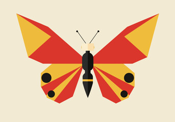 Obraz premium Geometric butterfly red and yellow wings black body tan background