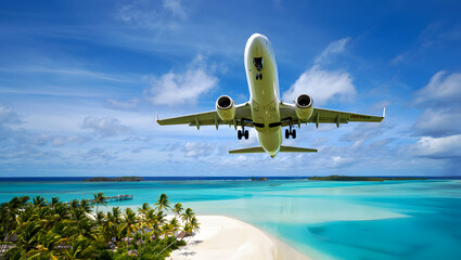 Soaring Journey over Paradise: An aircraft gracefully ascends against a backdrop of an endless azure sky, over tropical island, a promise of adventure, freedom, and the open horizon