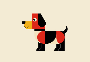 Geometric dog with a red head yellow muzzle  black ears stands on a tan background