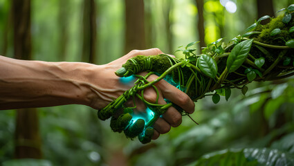 Eco-Alliance: A symbolic handshake, where human meets the natural world, symbolizing unity and harmony with vibrant foliage and a mesmerizing glow.