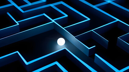 Navigating the Labyrinth: A luminous sphere journeys through a complex maze of pathways.