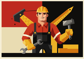 Illustration depicts a construction worker holding tools against a graphic background