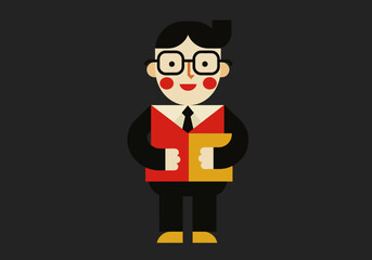 Illustration A man in a suit with glasses holding a book with simple graphic design on a dark background