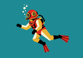 Scuba diver in a red  yellow suit with black gloves  flippers swimming in blue water with bubbles © Miu Studio