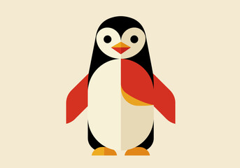 Simplified graphic penguin Its colored black red tan and orange against a pale tan background