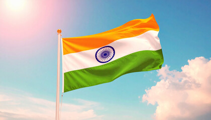 Indian Flag Waving Proudly Against a Blue Sky with Clouds.