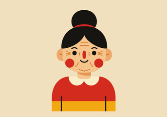 Simplified illustration of an elderly woman with a red and yellow shirt against a plain background