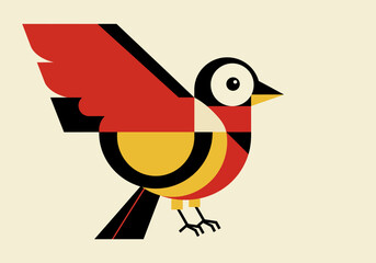 Stylized bird illustration geometric shapes form a red yellow and black avian figure on a light background