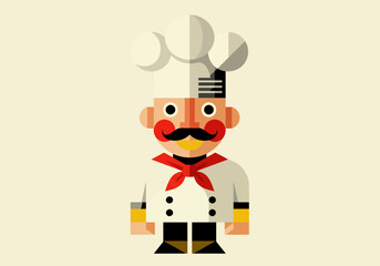 Stylized cartoon chef with red cheeks mustache tied scarf and a tall white chefs hat