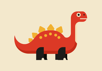 Stylized cartoon dinosaur in red yellow and black on a tan background