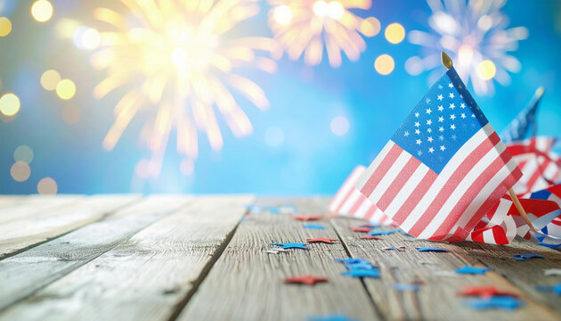 Red, white, and blue confetti falling on a glittering surface, a festive celebration background with copy space for text