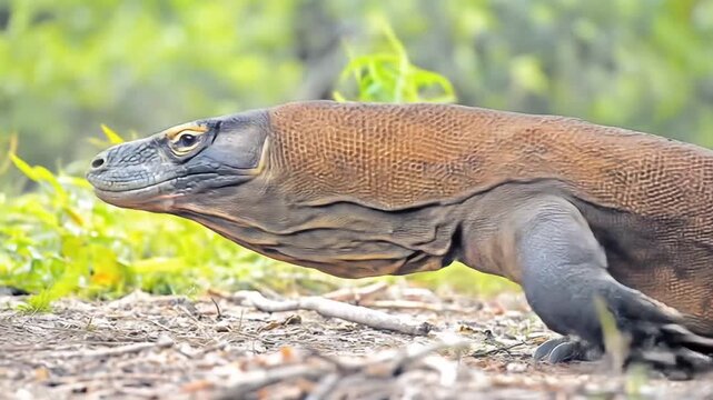 A close-up of a Komodo dragon moving through a lush, green environment.