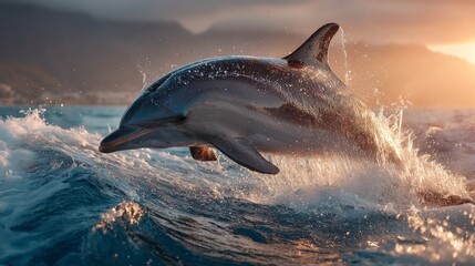 Fototapeta premium Majestic Dolphin Leaping Through Water in Sunset with Waves and Vibrant Colors
