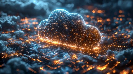 Glowing cloud computing network over city.