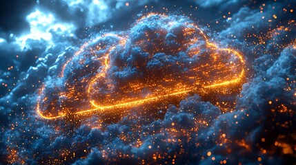 Fiery cloud symbol in dark stormy sky.