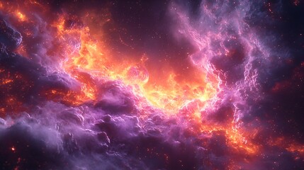 Fiery purple and orange nebula clouds in space.