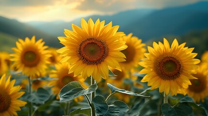 Vibrant sunflowers in a field at sunset.