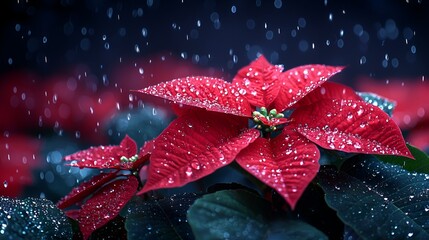 Rain-covered red poinsettias in dark background.