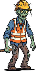Zombie construction worker, scary builder, horror zombie, creepy laborer, undead worker, spooky engineer, evil builder, Halloween zombie, cad drawing flat vector illustration