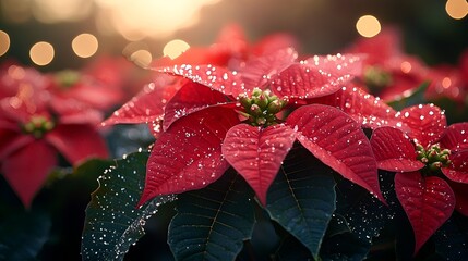 Dew-covered red poinsettias at sunset.
