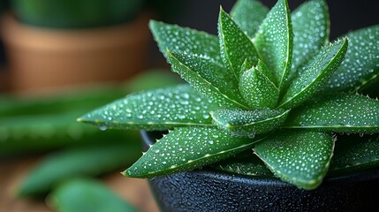 Close-up of a dewy aloe vera plant in a pot.