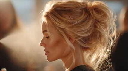 Naklejka premium Elegant Profile of a Woman with Beautiful Hairstyle in Soft Natural Light