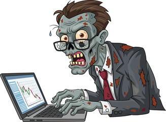 Cartoon zombie businessman stressed at laptop with stock market crash chart, spooky undead office worker, funny horror finance illustration vector