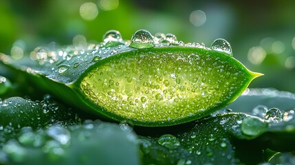 Dewy aloe vera leaf cut in half, showing gel inside.